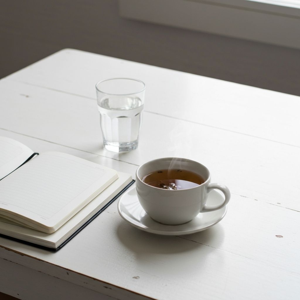 Everyday life elements: water glass, tea, natural light, notebook